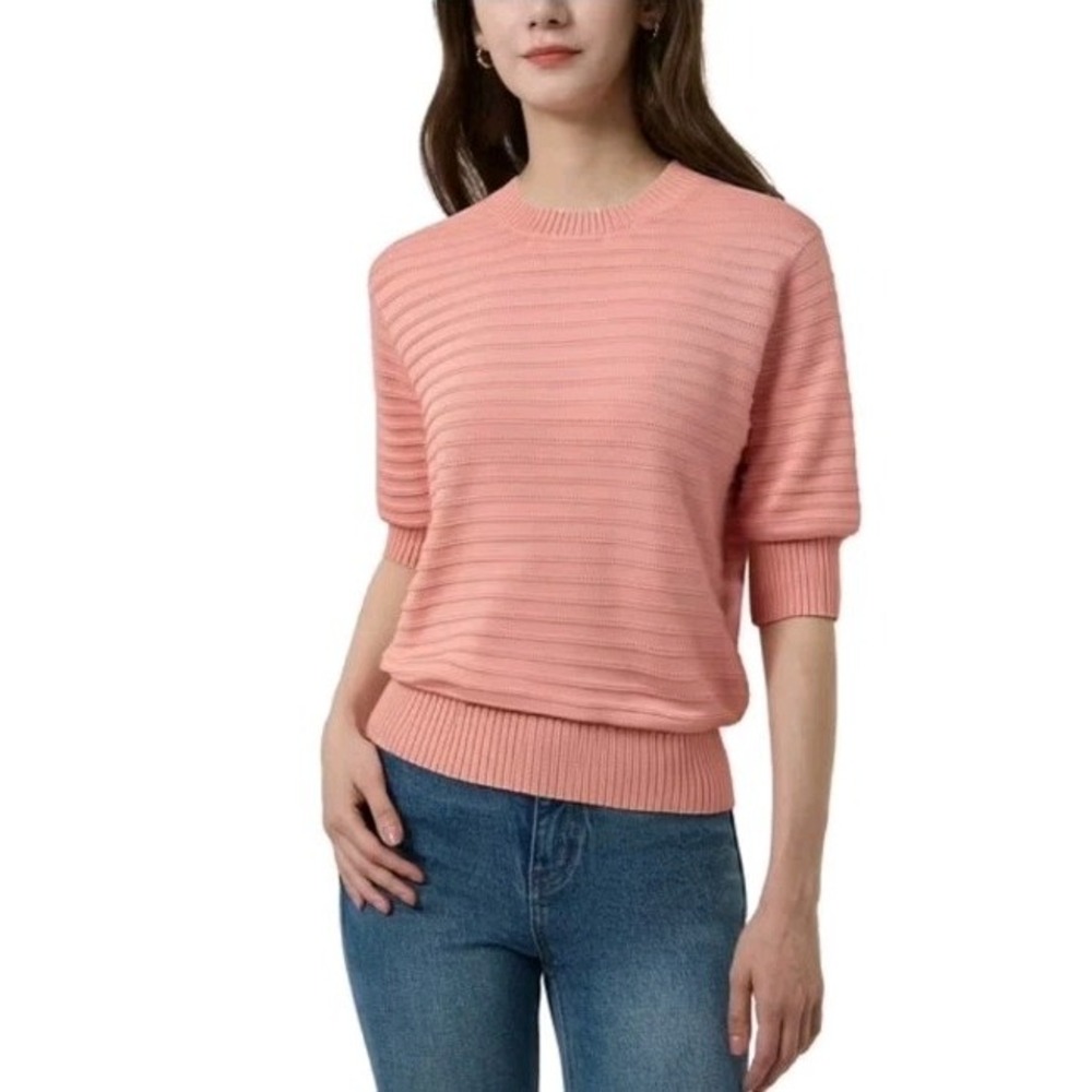 Frye Pink Eyelet Pointelle Knit Texture Short Sleeve Blouse Shirt Womens Medium